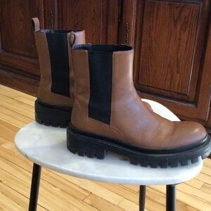 Zara Brown Leather Chelsea Lug Boots with Black Elastic Panels Size 39